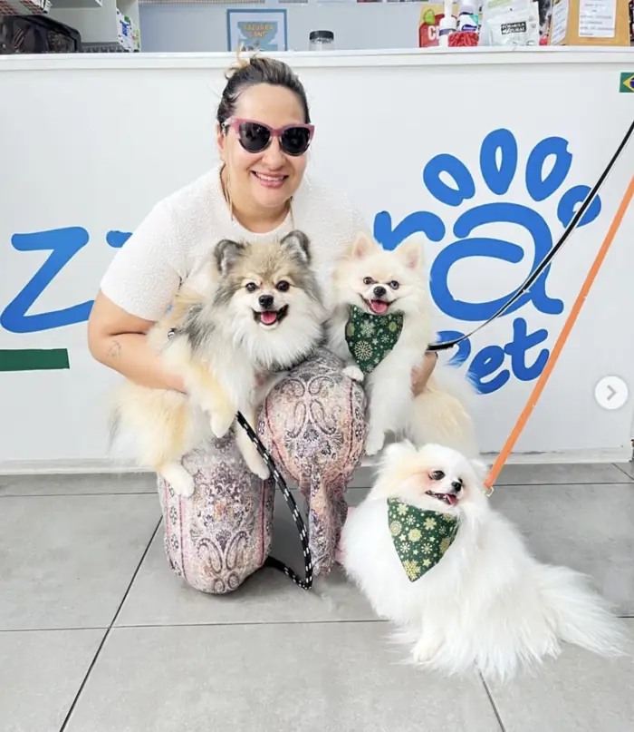 Tutora com três lulus da Pomerânia com bandanas na Azzurra